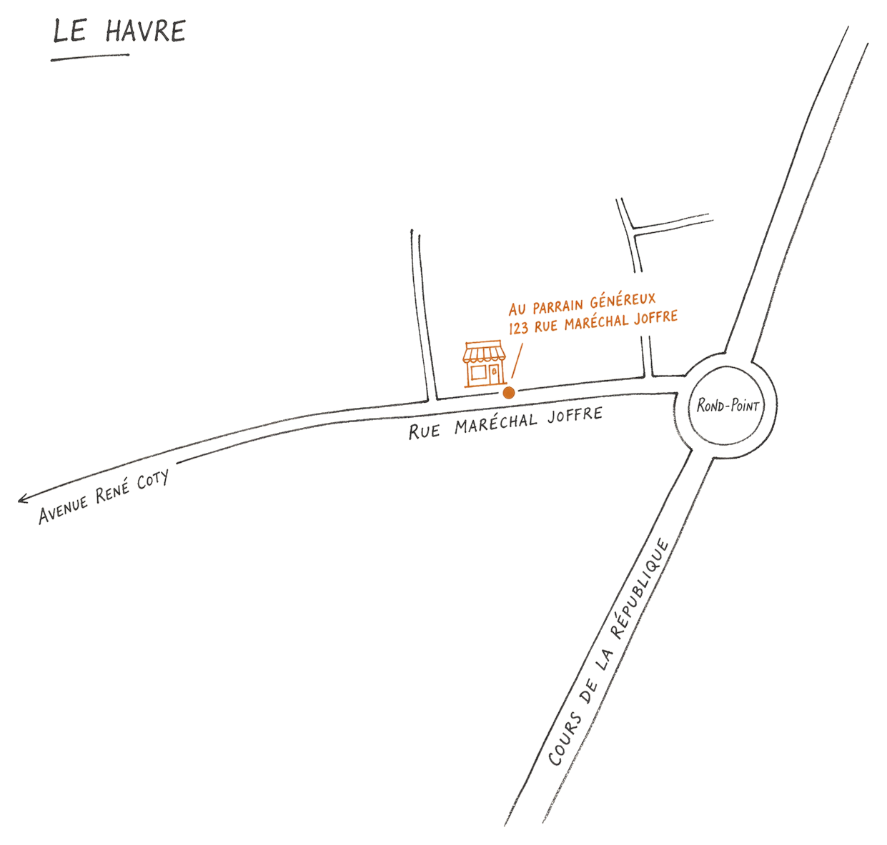Plan simplifié dessiné à la main indiquant la boutique Au Parrain Généreux, 123 rue Maréchal Joffre au Havre